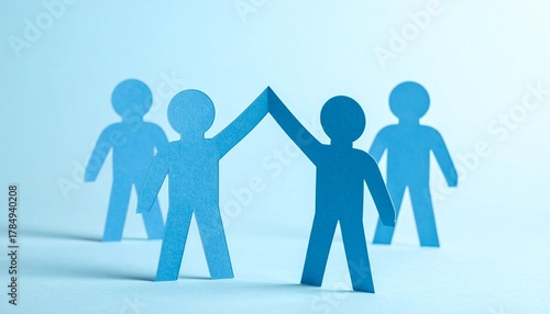 Blue Origami Figures Giving High-Five on Light Surface with Teamwork Theme