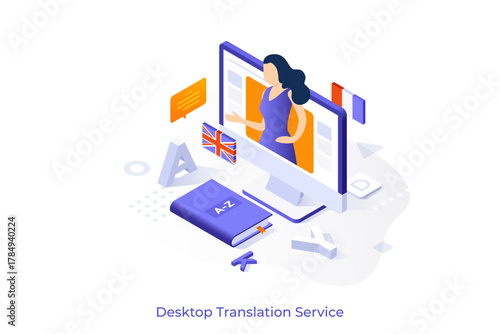 Conceptual template with woman translator on computer screen. Scene for desktop translation services, online foreign language learning course. Modern isometric vector illustration for website.