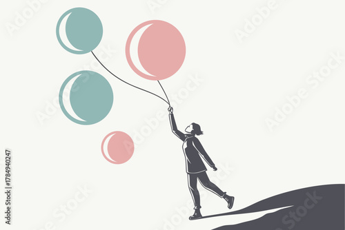 Silhouette of a person holding balloons with a shadow