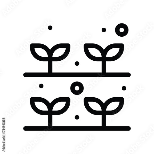 Black line art depicts two rows of young plants with paired leaves and scattered dots