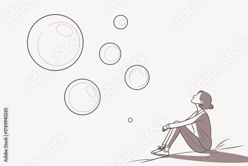 Woman sitting and looking at floating bubbles vector