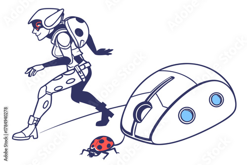 Ladybug-themed superhero pulling a computer mouse costume