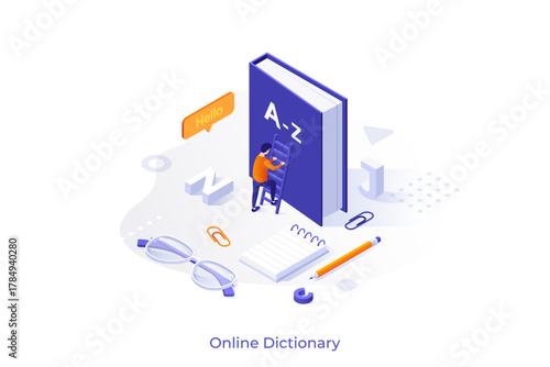 Conceptual template with man climbing up ladder leaning against book. Scene online dictionary service, internet translator, linguistics. Modern isometric vector illustration for webpage.