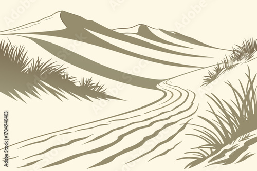 Winding track through desert sand dunes with grass Keywords: desert, sand, dunes, landscape