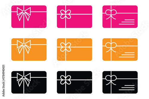 Set of gift card icon with bow. Gift voucher, gift card icon set. Gift card icon vector set in black, yellow and pink color. discount card symbol useful for any online shop app. Vector illustration.