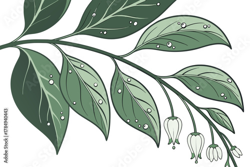 Green Leafy Branch with Water Droplets and Buds Keywords: plant, branch, leaves, green, nature