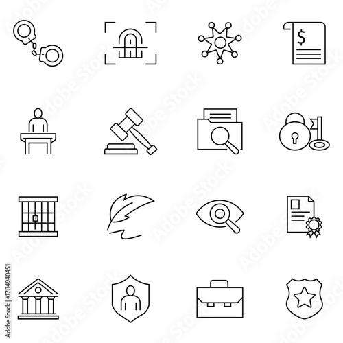 Set of law and justice line icon set. Containing law, judgement, justice law, court legal, authority, criminal,  court legal, prison and more. Vector illustration.