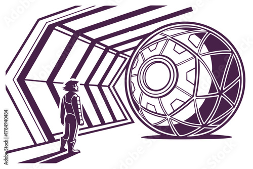 Astronaut Facing Large Geometric Orb in Sci- Fi Corridor Keywords: astronaut, space, sci-fi