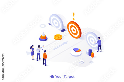 Conceptual template with people or entrepreneurs shooting circular targets with bow and arrows. Scene goal achievement, business competition. Modern isometric vector illustration for webpage.