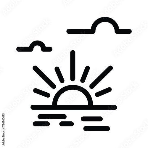 Black outline of a stylized sunset with radiating lines above a horizontal line with wavy lines below and two clouds in the sky