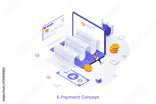 Conceptual template with invoice coming out of slot in laptop computer screen. Scene electronic payment, digital receipt, online banking. Modern isometric vector illustration for website.