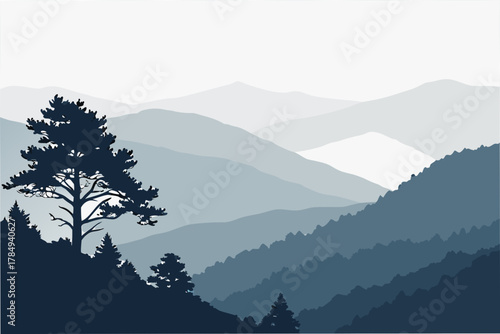 Pine Tree Silhouette on Ridge Above Blue Mountain Layers