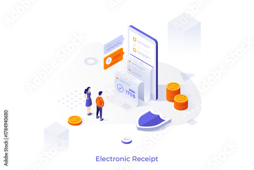 Conceptual template with customers looking at store building on smartphone screen. Scene for mobile application for internet shopping, buying goods online. Modern isometric vector illustration.