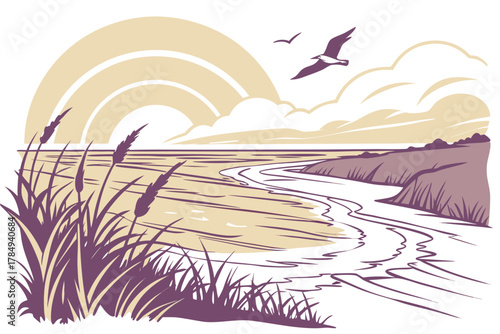 Coastal Landscape with Reeds and Seagulls beach seaside