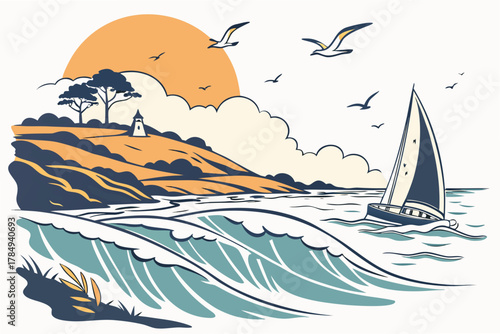 Sailboat on the ocean with waves and a coastal landscape