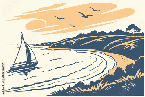 Sailboat near a curved coastline under a stylized sky