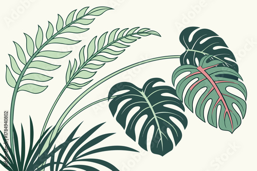 Tropical Leaves with Pink Accents on Cream Background Keywords: monstera, palm leaves, tropical