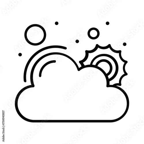 Cloud with sun partially obscured surrounded by a circle curved lines and dots