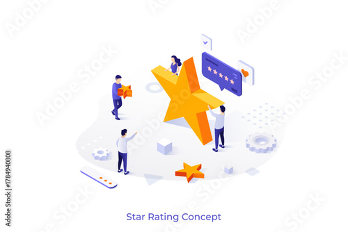 Conceptual template with group of people and golden stars. Scene for quality ranking, excellent rating score, positive review, user feedback. Modern isometric vector illustration for website.