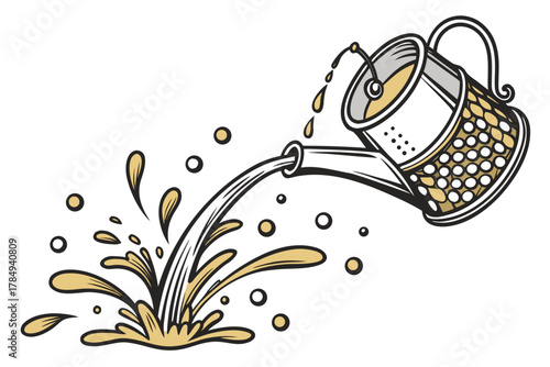 Watering Can Pouring Liquid with Splashes Keywords: watering can, pouring, liquid, splashes