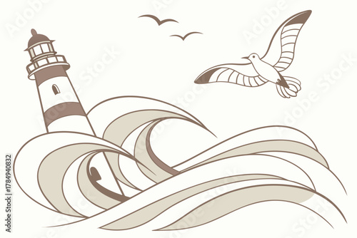 Lighthouse amidst stylized waves with flying seagulls