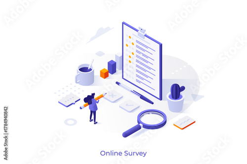 Conceptual template with woman filling in form or answering questions. Scene for online public survey, statistical study or research, opinion poll. Modern isometric vector illustration for webpage.
