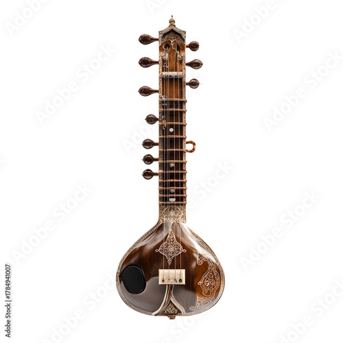 Traditional indian sitar musical instrument with intricate carvings isolated on transparent background