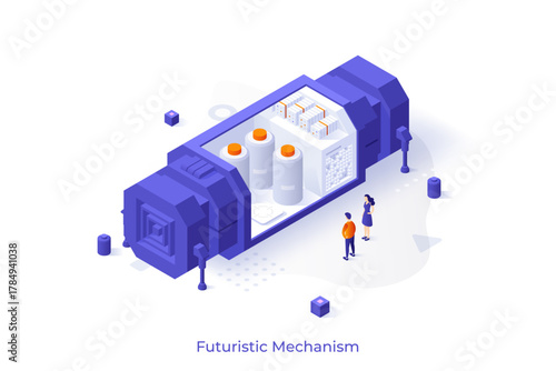 Conceptual template with people looking at hi-tech industrial facility with cut out. Scene for futuristic mechanism, innovative equipment or hardware. Isometric vector illustration for webpage.
