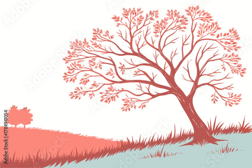 Lone tree on a grassy hill with distant tree landscape