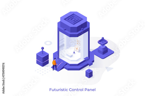 Conceptual template with robots putting boxes on conveyor belt. Scene for automatic manufacturing process, technology for automation of production. Modern isometric vector illustration for website.
