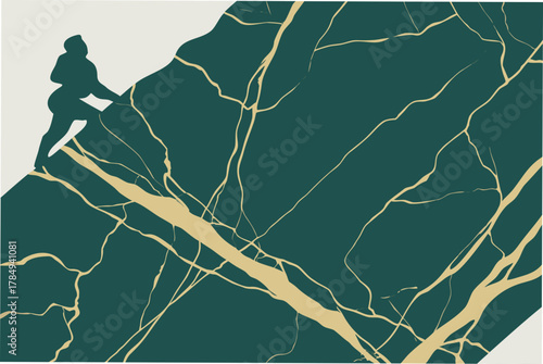 Silhouette of person climbing on abstract green and gold marble texture