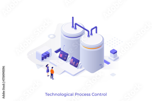 Conceptual template with people looking at displays with indicators connected to tanks or cisterns. Scene for technological process monitoring. Modern isometric vector illustration for webpage.