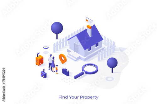 Conceptual template with family moving into new house or cottage and magnifier. Scene for buying home, search for real estate, finding property. Modern isometric vector illustration for website.