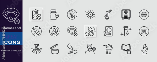 A set of Pharma Label Icons for medications, prescriptions, and packaging, designed in clean editable stroke style.