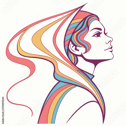 Woman with Flowing Colorful Hair in Profile Keywords: woman, female, profile, portrait, hair