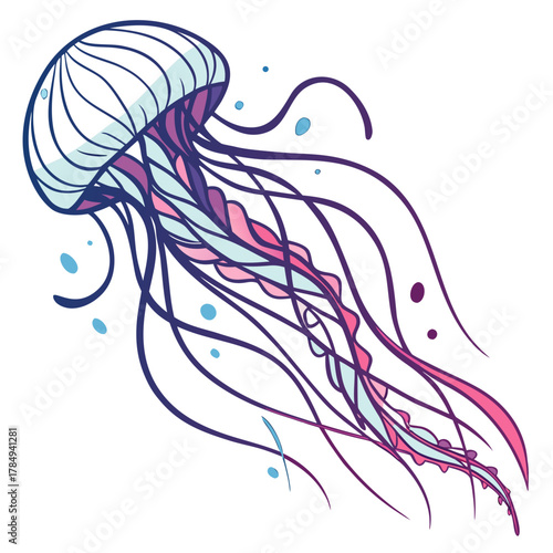 Stylized Jellyfish with Tentacles and Bubbles Keywords: jellyfish, sea creature, marine life