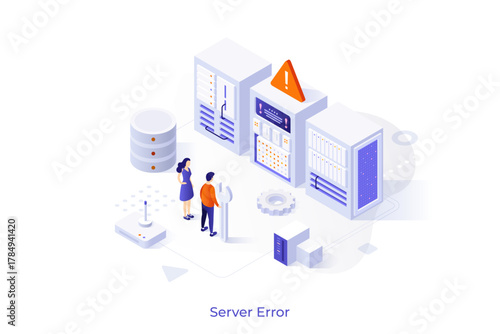 Conceptual template with people holding wrench and looking at computer hardware and warning sign. Scene for web server error, technical maintenance. Modern isometric vector illustration for webpage.