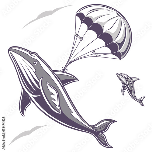 Whale with parachute and dolphin in stylized sky flying