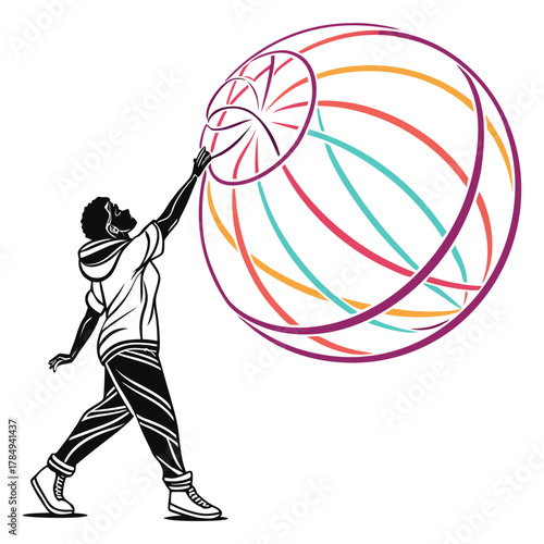 Woman interacting with a colorful spherical structure