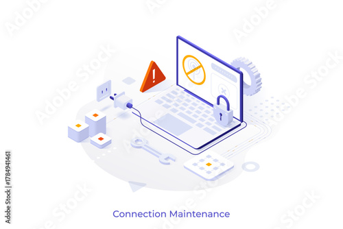 Conceptual template with laptop computer with internet access denied sign on screen, plug and socket. Scene for network connection maintenance services. Modern isometric vector illustration.