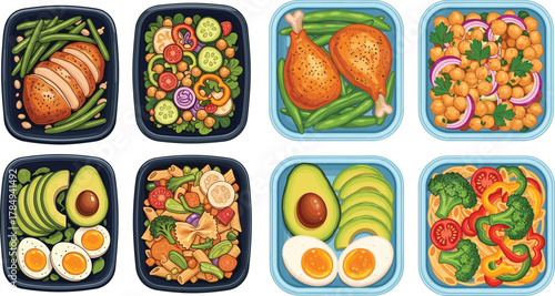 Healthy Meal Prep Food Containers Vector Set