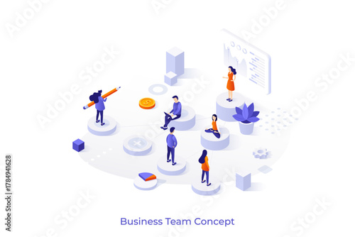 Conceptual template with woman making presentation for colleagues. Scene for whiteboard meeting with teammates, team members working together. Modern isometric vector illustration for website.