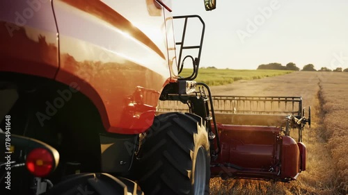 A red combine harvester in a golden wheat field ready to harvest under a sunny sky with a ladder on the side
