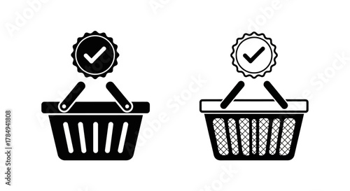 two shopping baskets with check marks indicating approval or completion