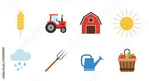 a farm scene with tractor barn sun wheat apples rain cloud pitchfork and watering can
