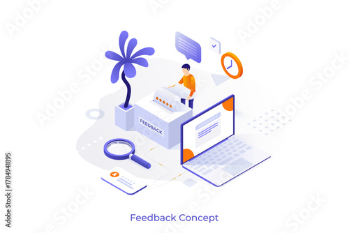 Conceptual template with laptop connected to printer and man printing page with five star rating. Scene for user feedback, positive review, quality rating. Modern isometric vector illustration.