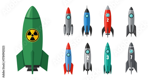 a collection of colorful rockets with various designs and symbols