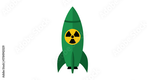 a green rocket with yellow radioactive symbol soaring upwards