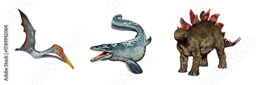 Photos Realistic illustration of Pteranodon, Mosasaurus, and Stegosaurus from prehistoric times