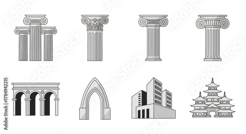 various architectural columns and structures from different cultures and eras